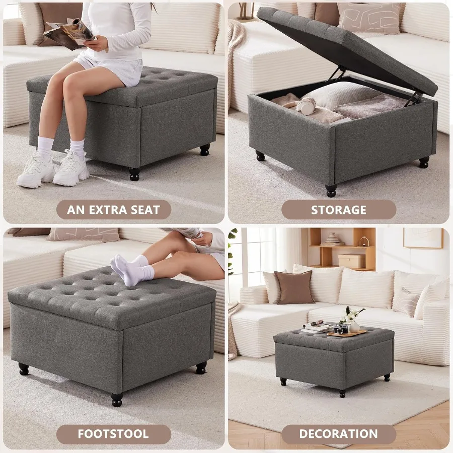 Mesa de centro otomana de almacenamiento cuadrada grande de 30 pulgadas con espacio de almacenamiento oculto Mesa de centro tapizada capitoné de gran tamaño en color oscuro G