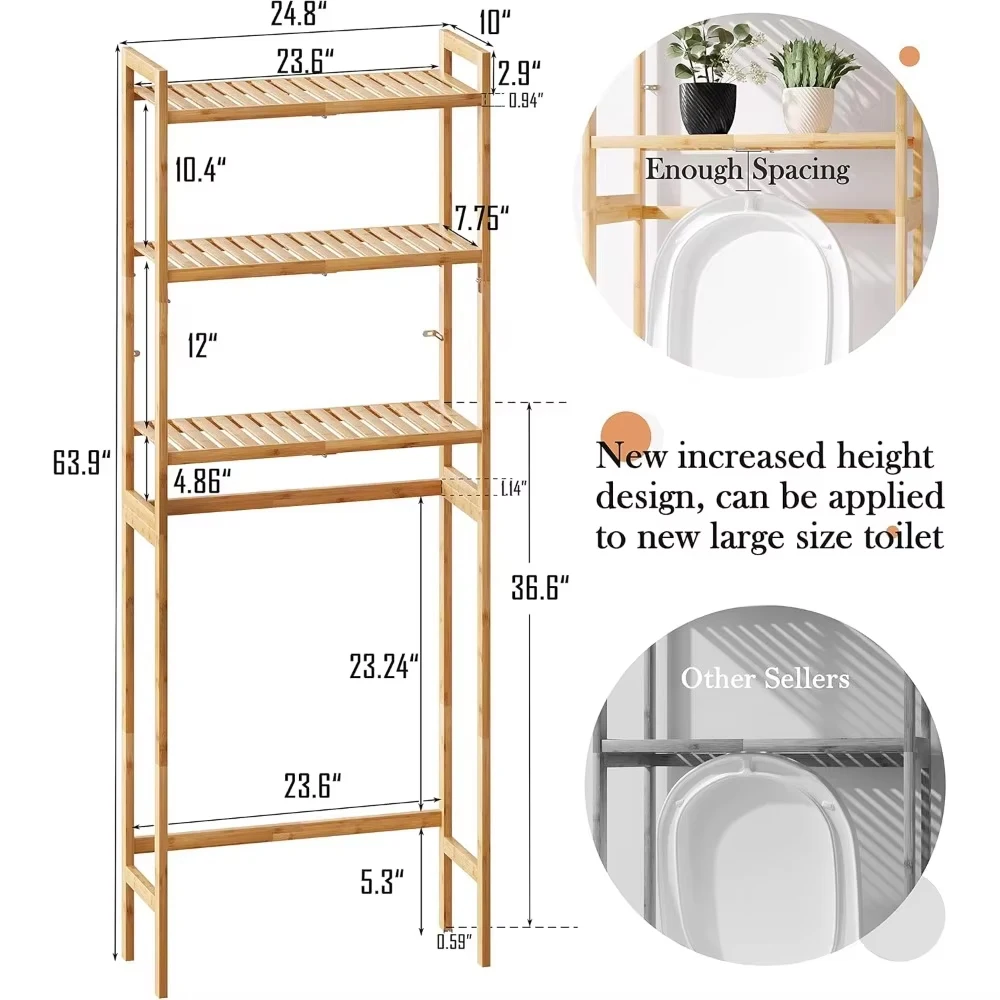 DIY Over The Toilet Storage, 3-Tier Bathroom Organizer Over Toilet with Sturdy Bamboo Shelves,Multifunctional Toilet Shelf