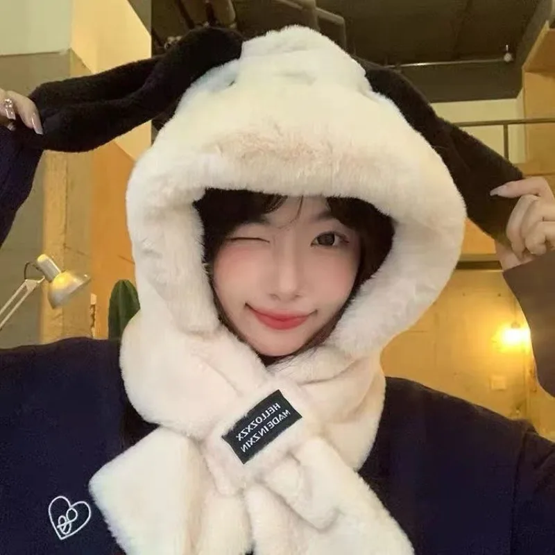 Hat scarf two-piece set cute cartoon big ears puppy winter ear hat integrated cycling warm and wind-resistant
