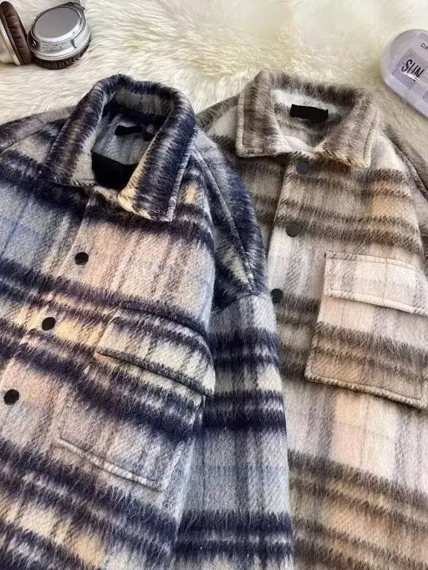 

Autumn Winter Plaid Woolen Jaet for Men Vintage Preppy Sle Youth Casual Warm Thiened Coat with Button Closure Long Sve