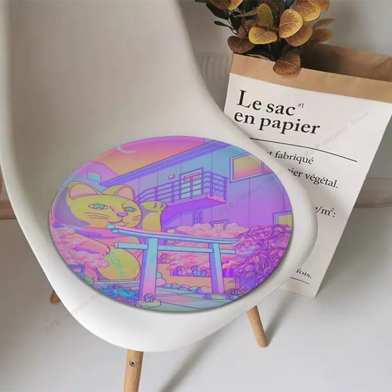 80s Vaporwave Style City Night Street Cat Art Sofa Mat Dining Room Table Chair Cushions Unisex Fashion Anti-slip Seat Mat