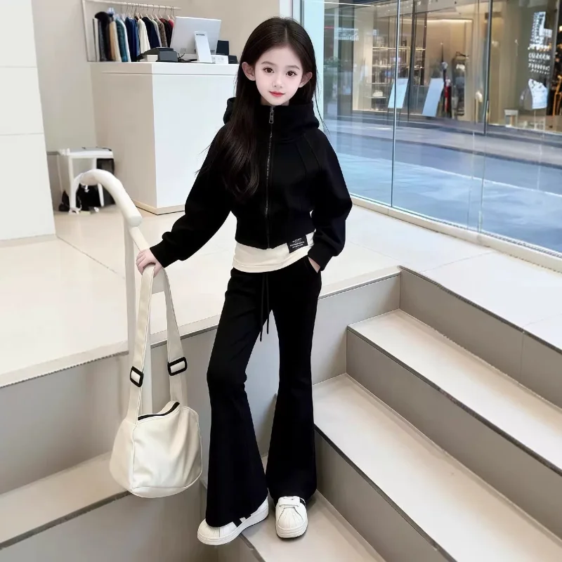 Girls Solid Zip Hooded sweatshirt Jacket+Wide-leg pants School Teen Tracksuit Child Jogger Outfit Three Piece Set Set 8-17Yrs