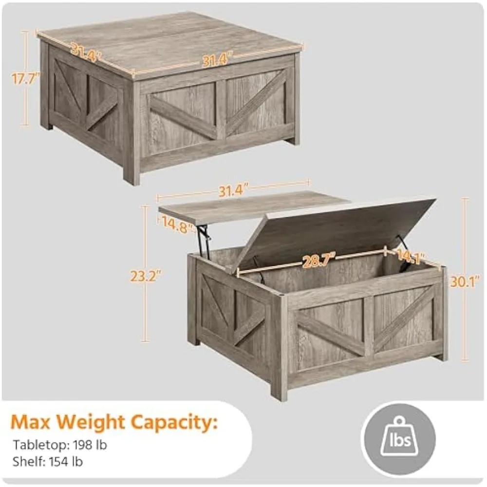 Table basse de ferme carrée avec compartiment de rangement GNE, table basse relevable