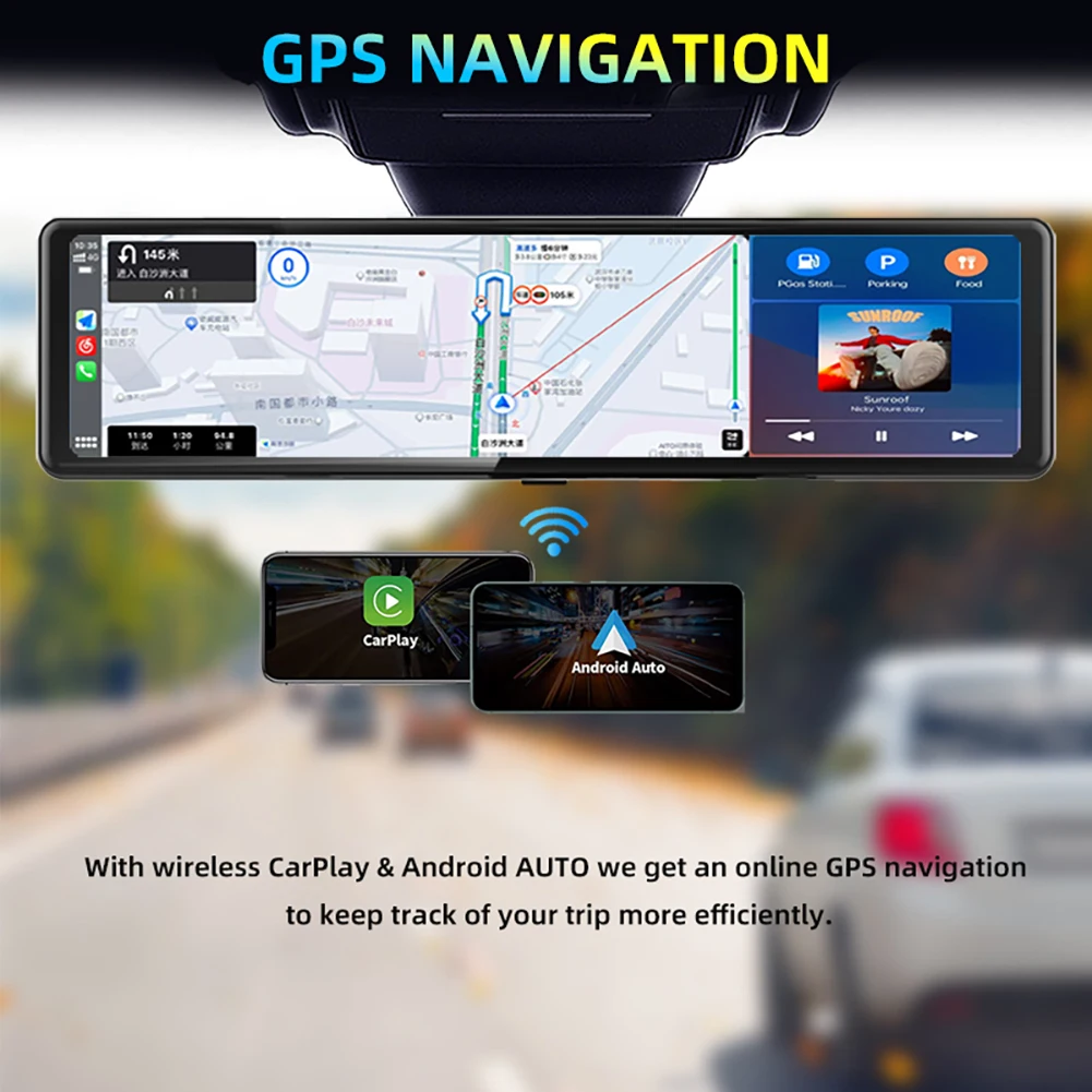 3 Cameras Dash Cam 1080P Car Mirror Video Recording Carplay & Android Auto Wireless Connection WiFi Miracast GPS Navigation DVRs