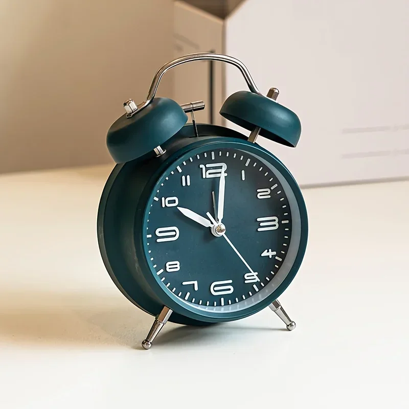 4-Inch Metal Alarm Clock with Night Light - Simple Stereo Number Bedside Mute Timepiece for Students Home Office Decor