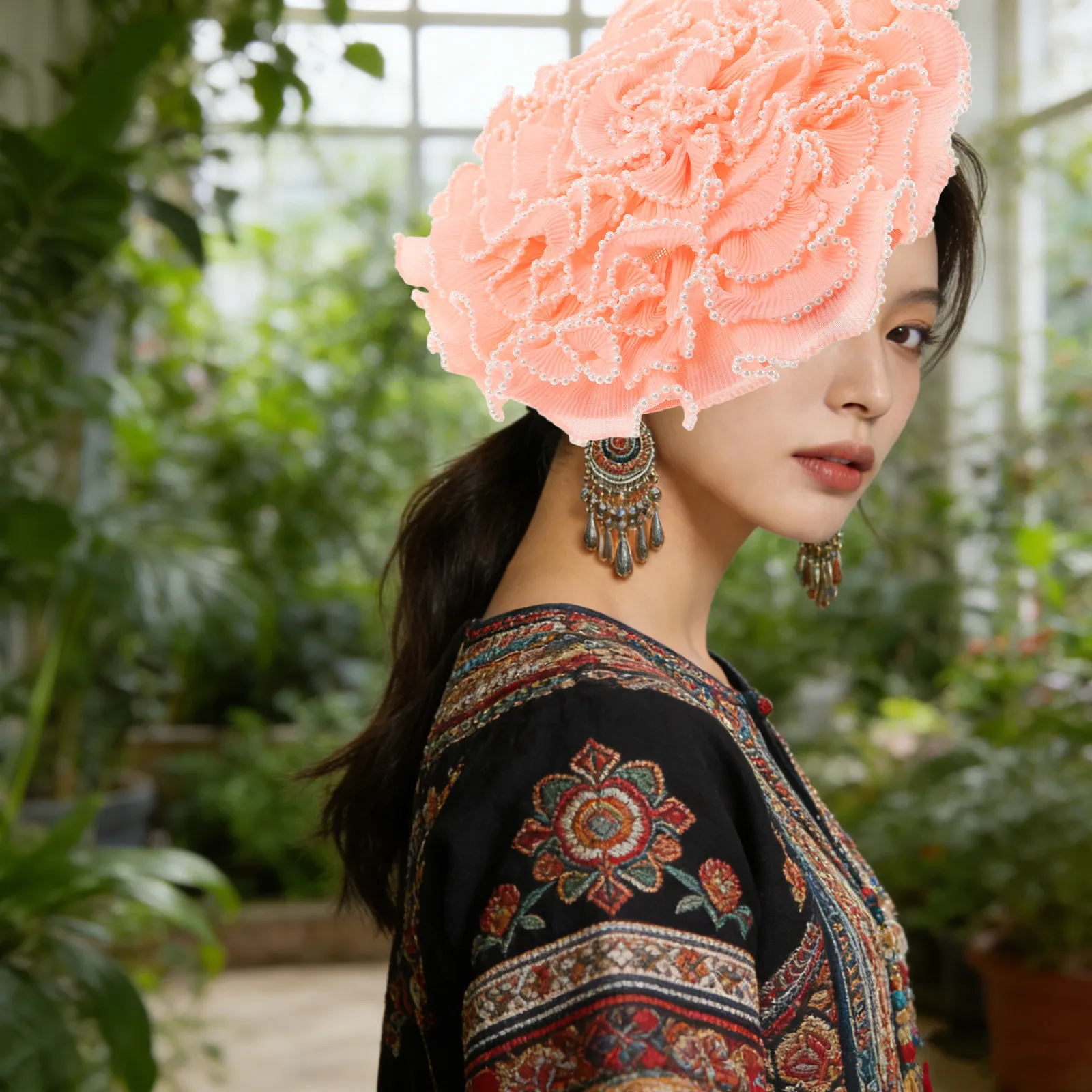 Large Flower Fascinator Hat for Women Pleated Wave Rim Floral Headpiece Wedding Bridal Tea Party Cocktail Church