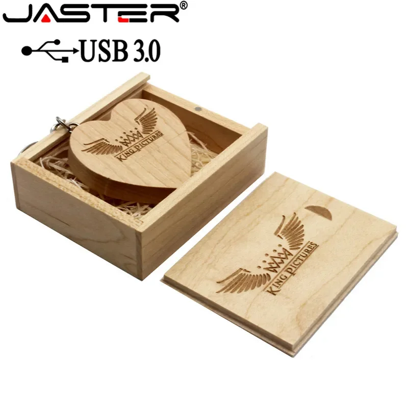 JASTER USB 3.0 with box wooden love heart model usb flash drive memory Stick 64GB 16GB 32GB 4GB wedding gifts free custom logo
