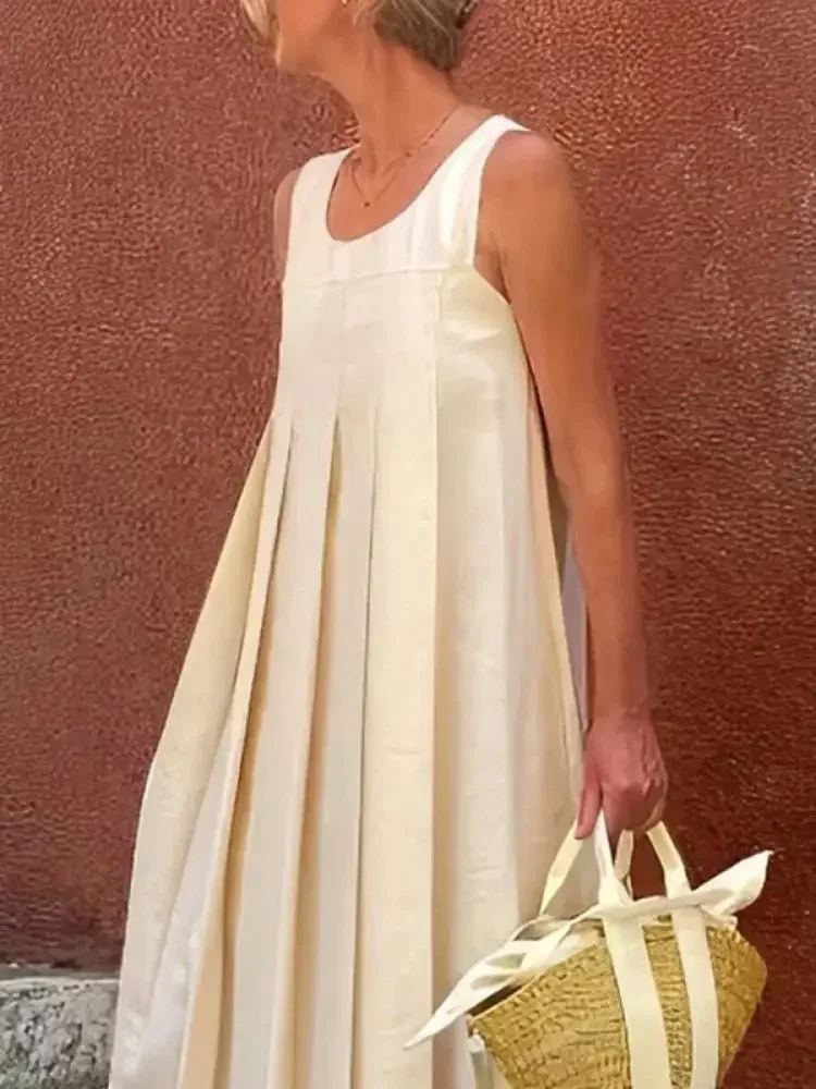 Vestido de iglesia de verano para mujer, vestido largo informal plisado sin mangas de Color sólido de algodón y lino 2025 para mujer