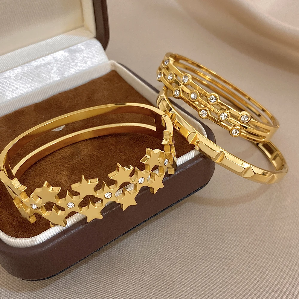 Greatera Three-dimensional Cut Golden Bracelet Simple Multi-row Five-pointed Star Double-track Chain Cuff Bangle For Women Men