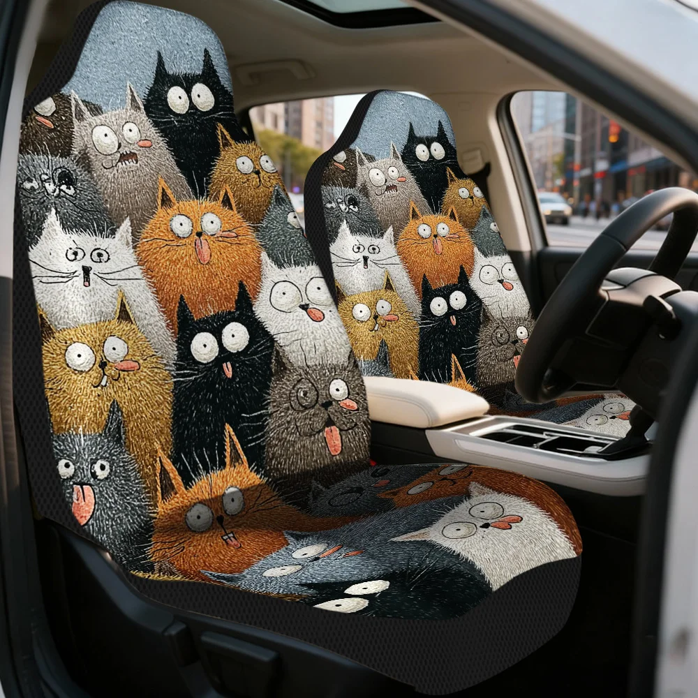 2pcs Universal Car Seat Covers Set | Funny Cartoon Cats Print, Premium Polyester Fiber, Stylish Design For Daily Commutes & Road