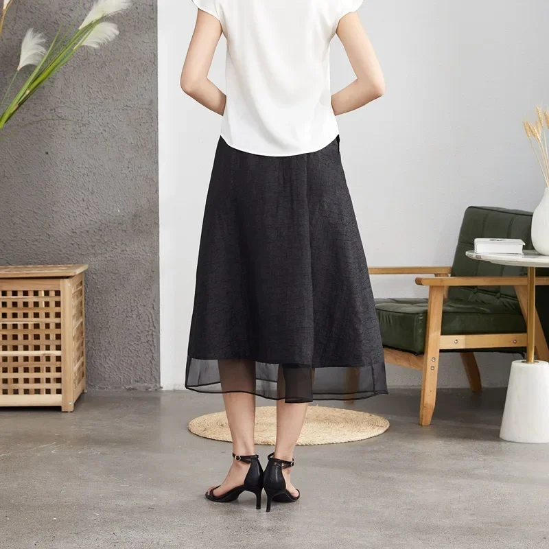 100% Natural Mulberry Silk Turtle Crack Gambiered Guangdong Gauze Black Pocket Design Elastic Waist Women\'s Fashionable Skirt