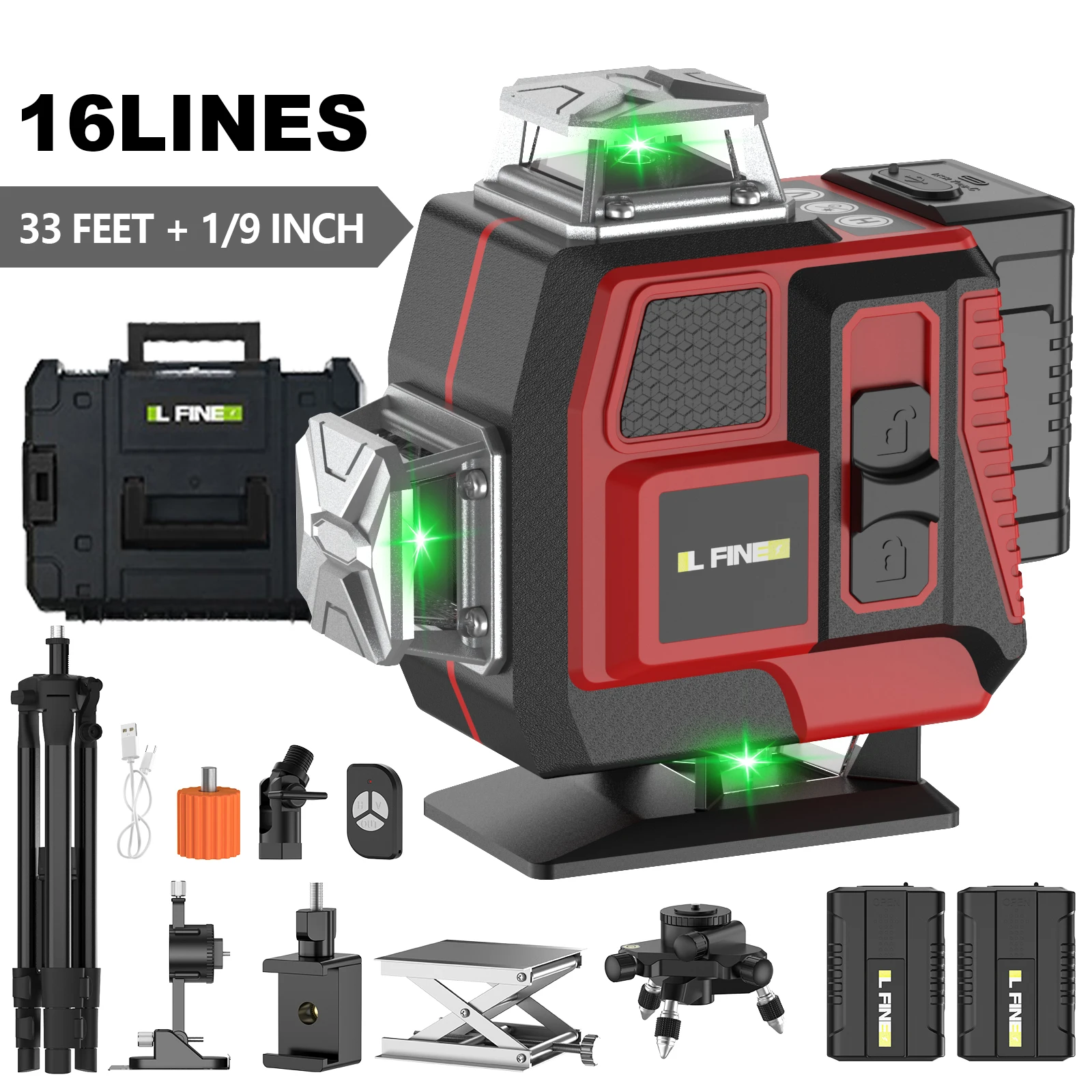 Laserowy poziomica zielona 4D z 16 liniami i statywem 360° ° Narzędzie do samopoziomowania, wyrównywania pionowego, układania płytek, tynkowania i majsterkowania.