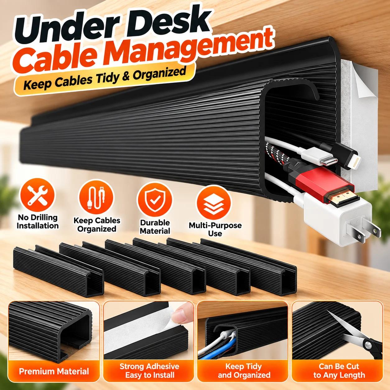 1PC 40cm Self-Adhesive Under Desk Cable Raceway Cord Organizer Cable Management Tray for Home Office