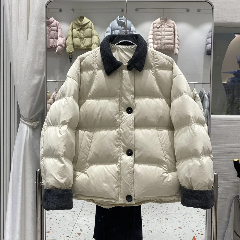 Winter High Quality Lapel Splice Down Jacket Women White Duck Down Single-breasted Outwears Female Thicken Warm Parker Jacket