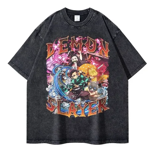 Imagen 2 del producto Nezuko-camisetas Vintage lavadas para hombre, camisa de Anime de Kimetsu No Yaiba, de gran tamaño, de manga corta, Demon Slayer, Mitsuri, Tokitou