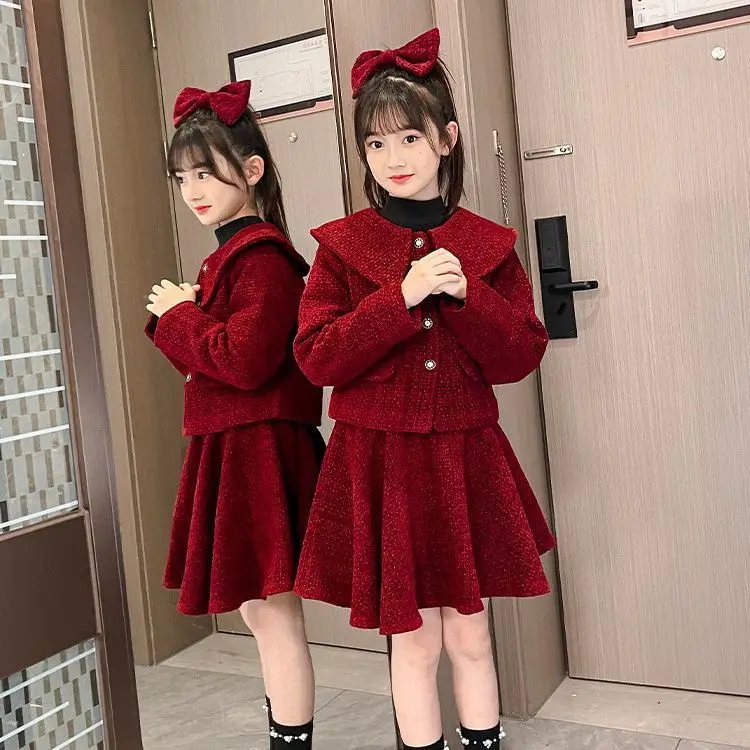 

2025 autumn winter Girls set Cloth red teenager knitted button Cardigan crop top coat + pleated skirt 4 8 5 10 12 14 new year