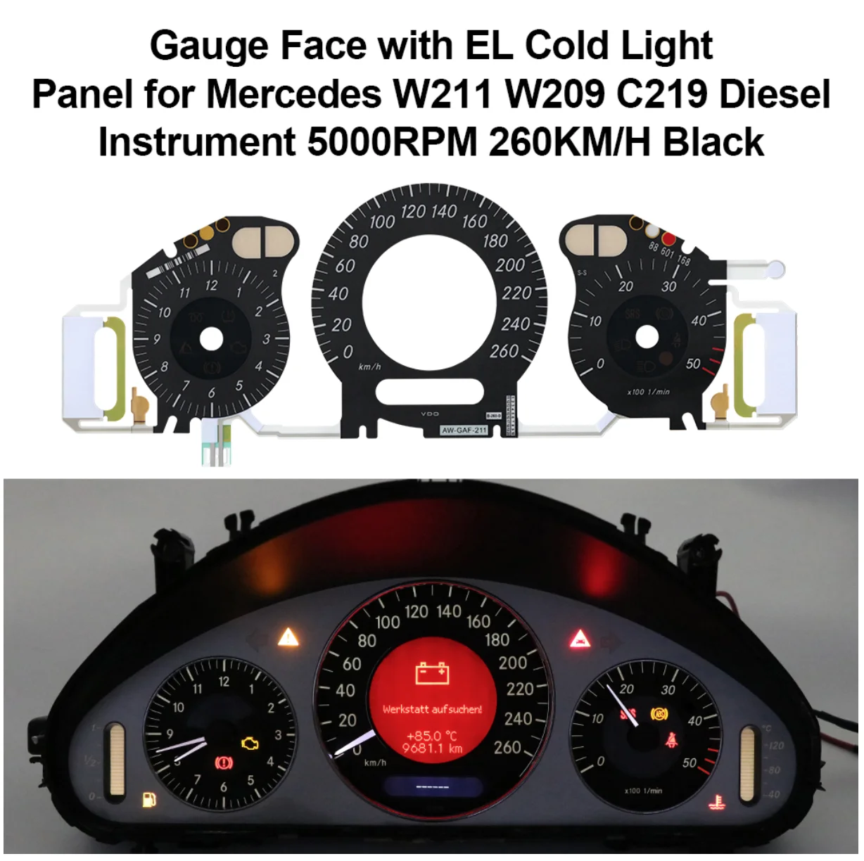5000 U/min 260 km/h Weiß-Schwarzes Diesel-Instrumenten-Display mit EL-Kaltlichtpanel für Mercedes W211 W209 C219 – Detail 3