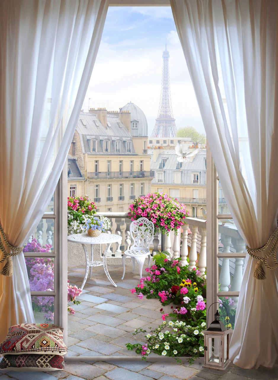 Outdoor Patio Paris city skyline Eiffel Tower Flower Leaves Curtains  backdrops wedding Photography Studio Backgrounds