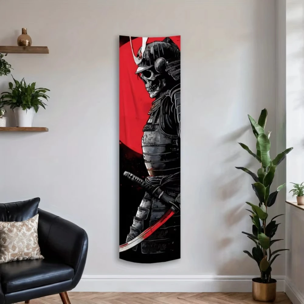Vertical Samurai Skull Sword Tapestry, Ronin Theme Red Black Wall Hanging, HD Print Washable Polyester Home Bedroom Decor