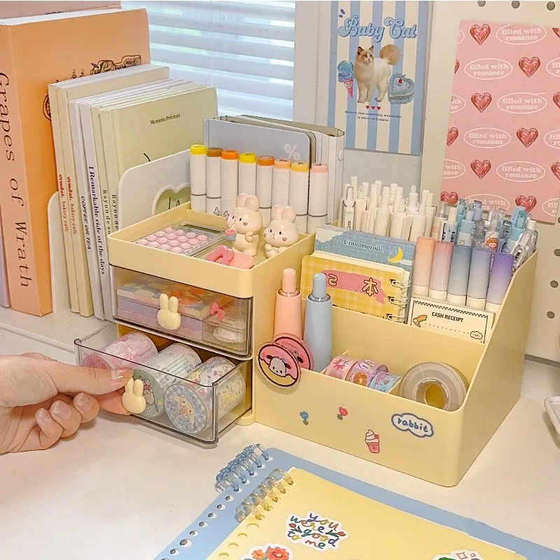 Kawaii Desktop Cosmetic Storage Box Organizer Cassetto Portaoggetti per ufficio Cancelleria Portapenne da scrivania Bunny Drawer Jewel Organizer