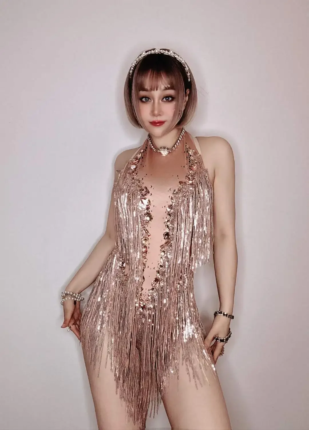 

Purple Women Rhinestone Bodysuits With Tassel Dance Leotard Evening Night Birthday Queen Outfit Gold White Black