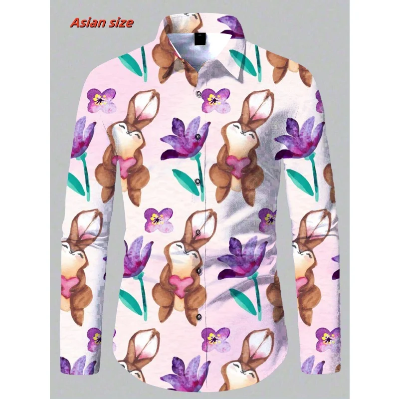 Bird Rabbit Pineapple Pattern Hawaiian Shirts For Men Flowers Leaves 3D Printed Blouse Casual Loose Aloha Shirts Long Sleeves