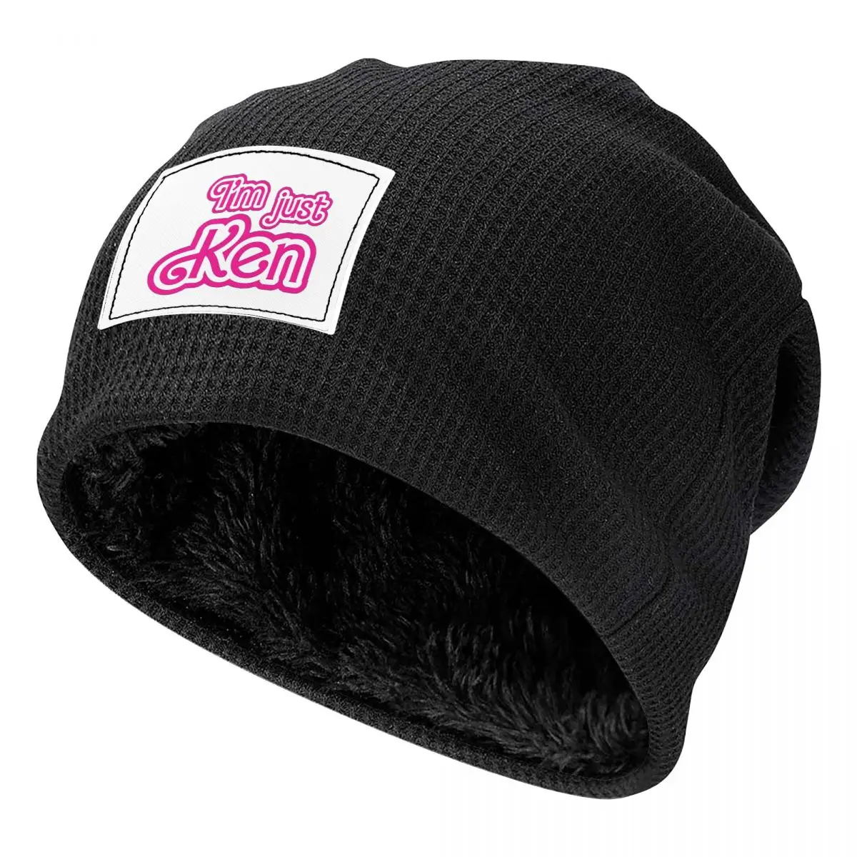 I_m Just Ken Waffle Knit Fleece Lined Beanie with PU Leather Patch Unisex Warm Winter Soft Cap