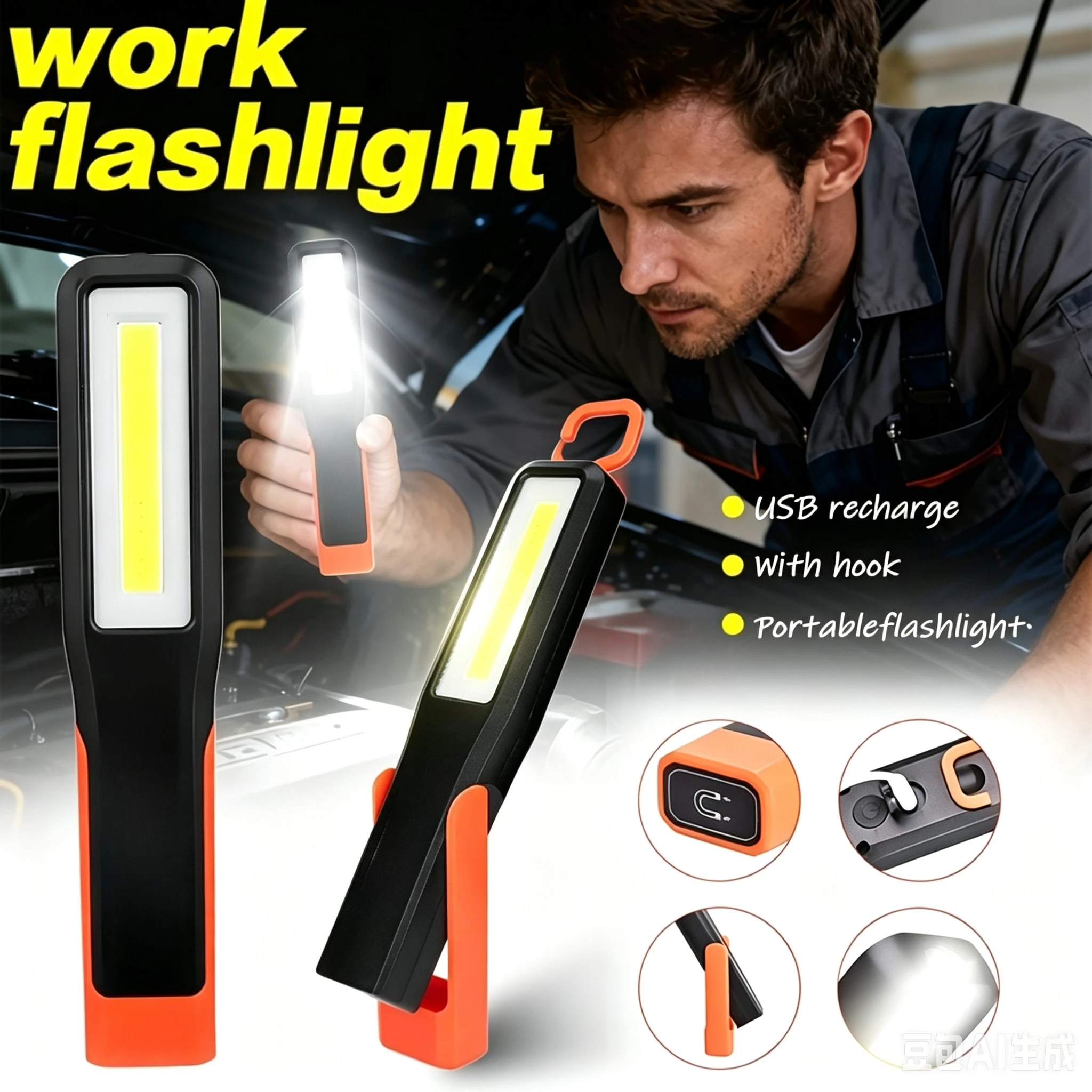 Tactical Flashlight Rechargeable - Powerful COB LED Work Light Car