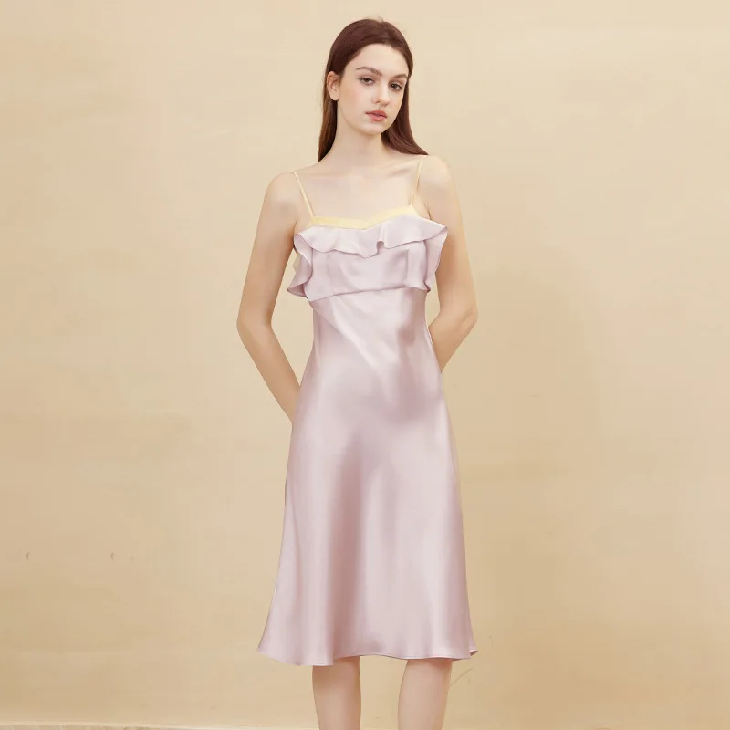 Elegant 100% Mulberry Silk Suspender Dress with Embroidery and Back Cutout, Comfortable Sexy Nightwear