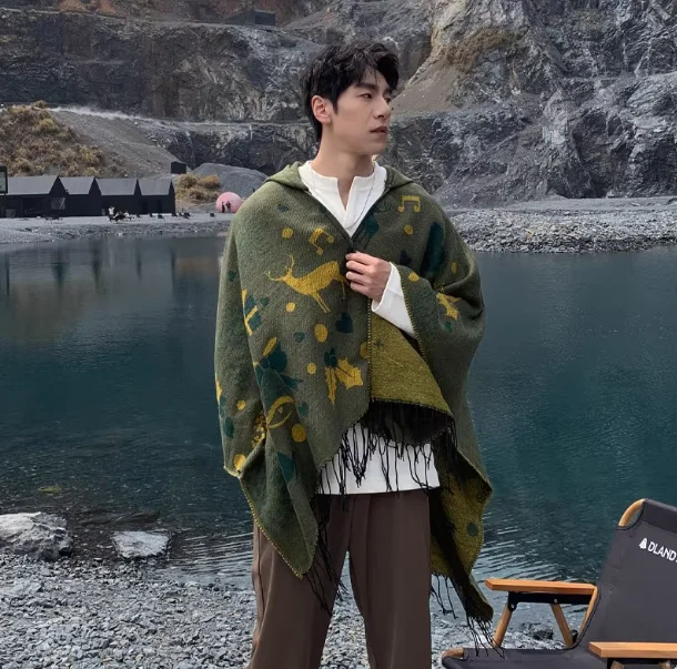 الرجال نمط المعطف الخريف التخييم ملابس السفر الرجال العرقية نمط عباءة وشاح معطف مع مقنعين الرمال واق من المطر الرأس الدافئ #6