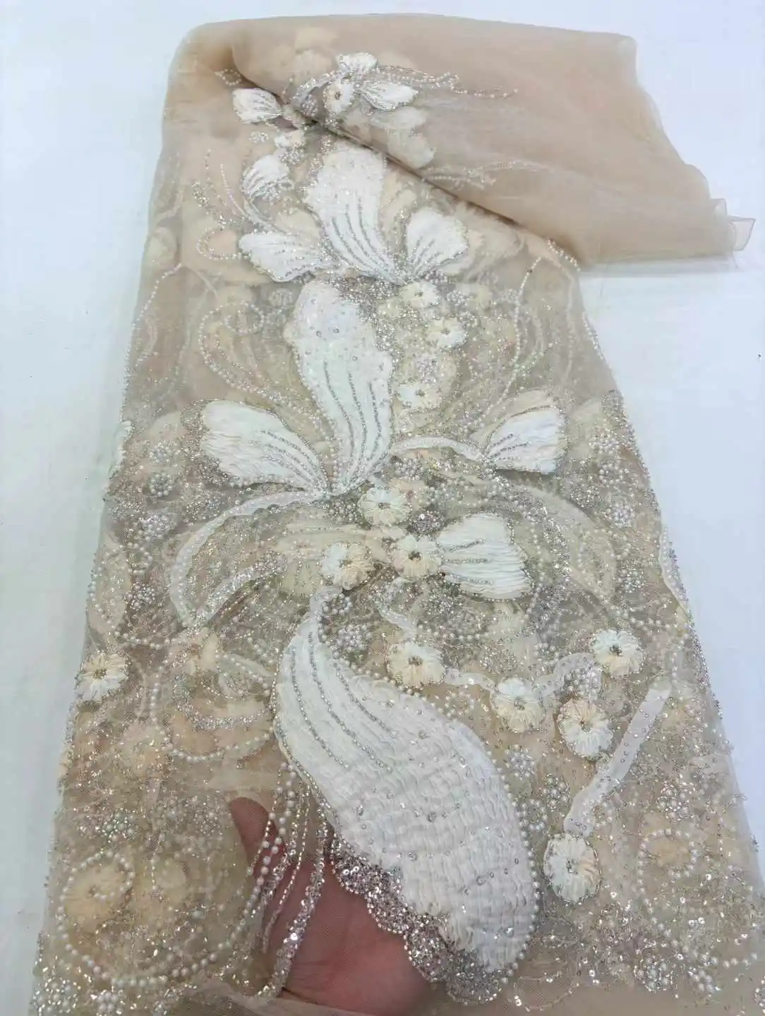 5 ياردة الترتر الأفريقي الخرز الدانتيل النسيج 2025 جودة عالية ثلاثية الأبعاد زهرة الفرنسية شبكة تول التطريز الزفاف الدانتيل المواد