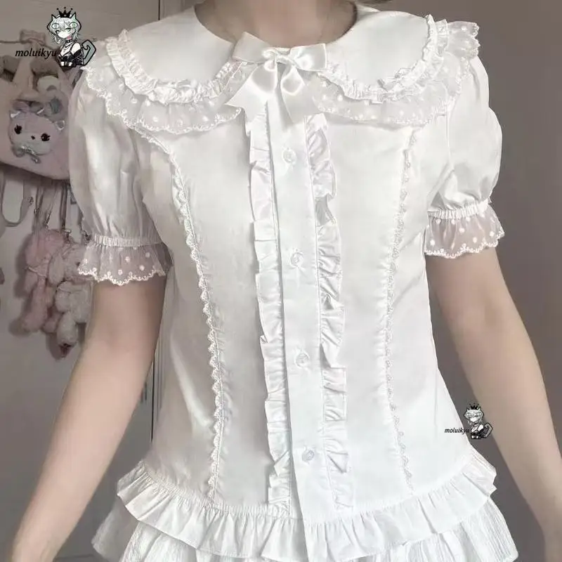 Kawaii Ruffles Blouses Spring Summer Japanese Puff Sleeve Fashion Women Shirts Retro Sweet Peter Pan Collar Harajuku Cute Tops view 3