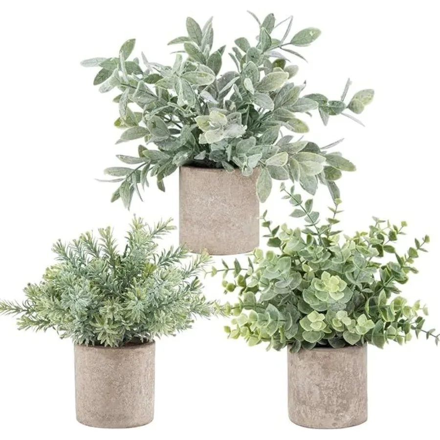 

Home office decor: plastic eucalyptus topiaries in green, realistic mini potted artificial plants, 3-pack for lasting freshness