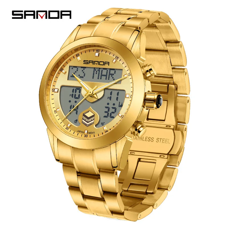 SANDA 6204 Men Quartz Watch Fashion Elegant Arabic Tidal Direction Indication Trendy Chronograph Stainless Steel Strap Watches