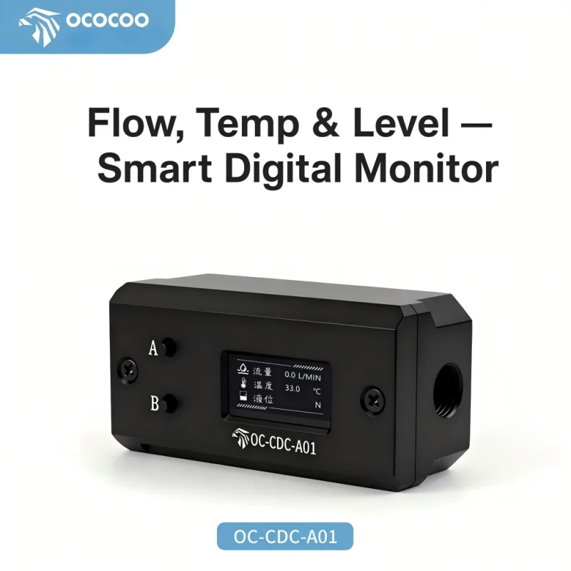 OCOCOO Gaming Enthusiast Water Cooling Flow Temp Level Gauge OLED Sensor Compact Metal Build G1/4 Thread For OC Liquid System