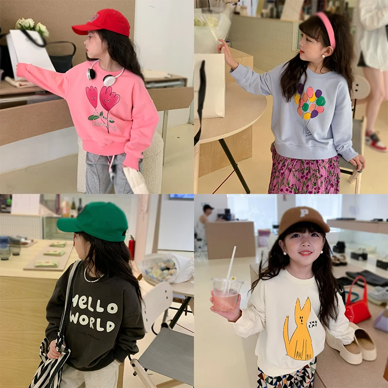 Spring New Long Sleeve Hoodies Korean Style Printed Cartoon Lovely Baby Girl Clothes Blouse Top Pullover Caual Sweatshirt 2-12Y