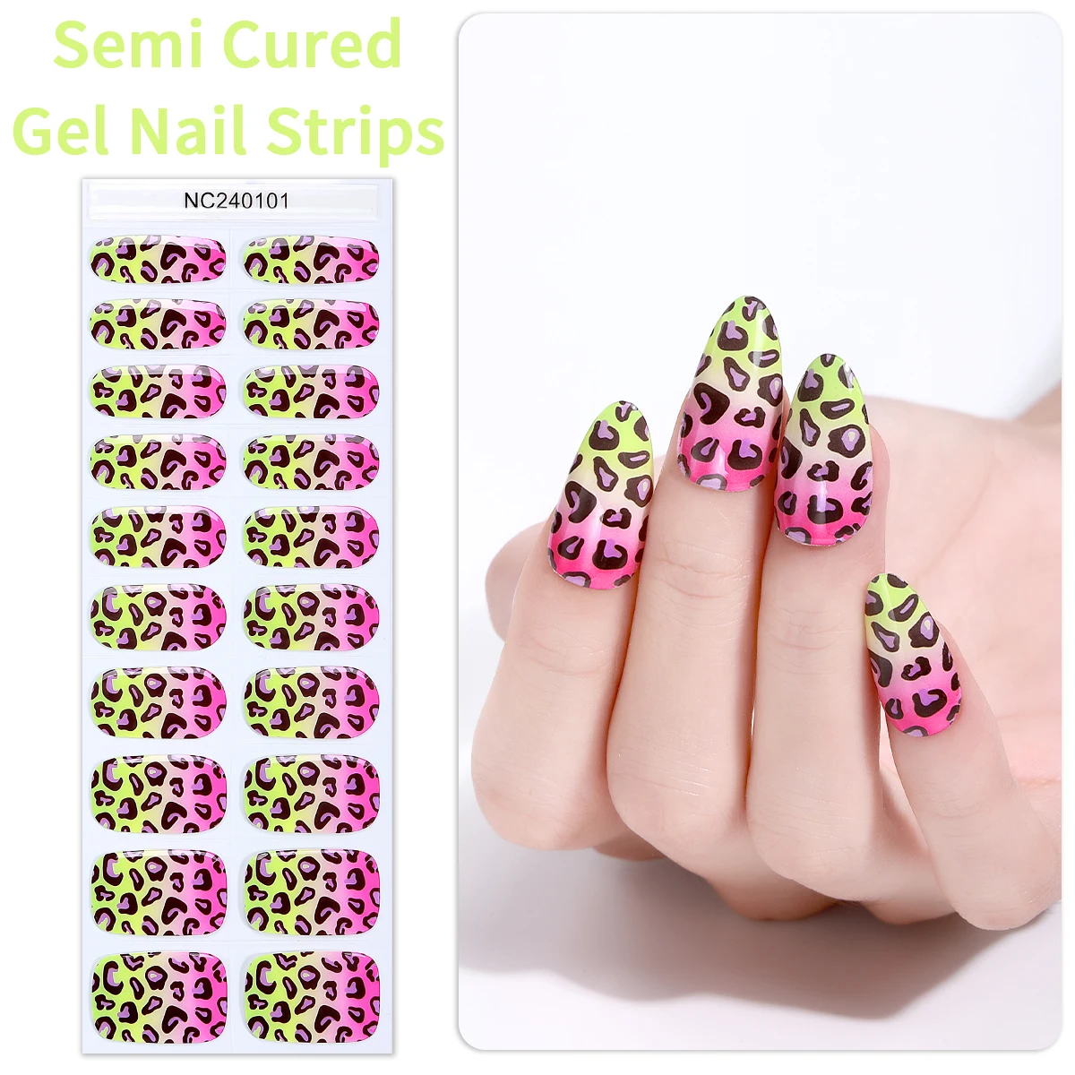 20Tips French Leopard Semi Cured Gel Nail Strips Brown Autumn and Winter Gradient Nail Gel UV Stickers For Women Manicure Decor