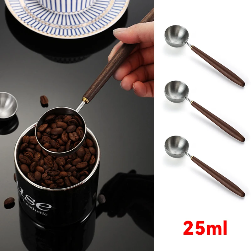 

New 25ml Wooden Handle Stainless Steel Coffee Scoop Tablespoon Measuring Spoon Walnut Wood Long Handle Coffee Spoons Cafe Tools