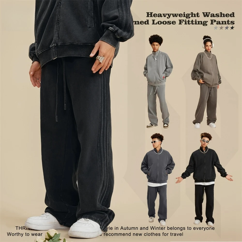 Spodnie vintage z efektem sprania, 450 g/m², męskie/unisex, oversize, proste nogawki, wygodne, casualowe, streetwear HY0626