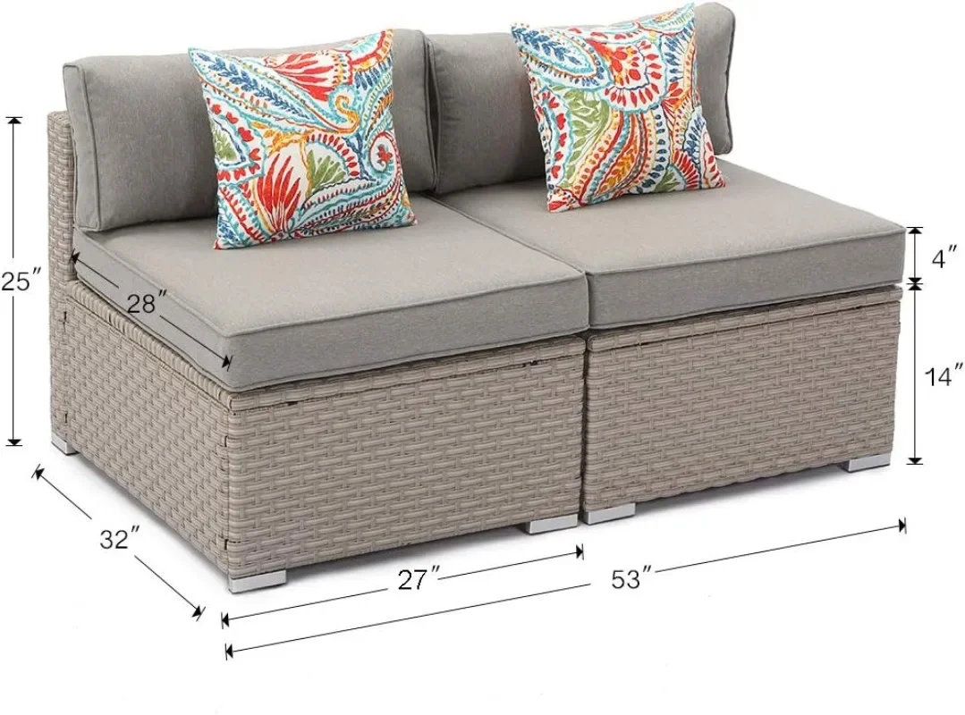 Muebles de exterior de 2 piezas, sillas sin brazos adicionales para juego de sofás seccionales de mimbre expandibles con cojines gruesos grises cálidos