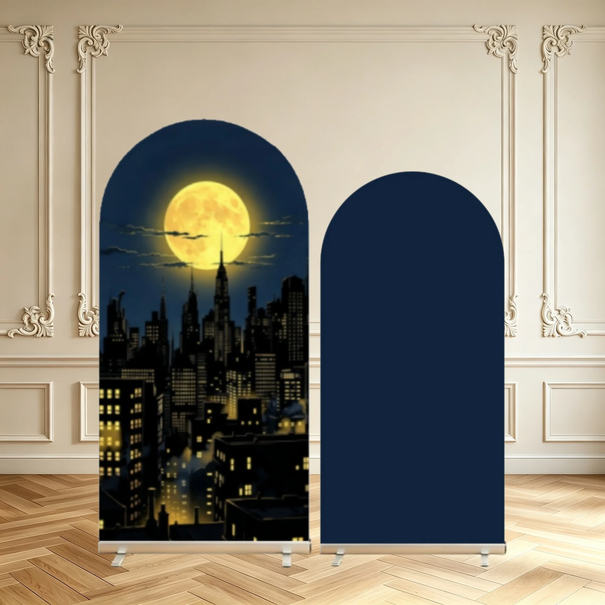 Housse d'arche décorative pour fête d'anniversaire d'enfants, motif urbain nocturne avec gratte-ciel et ciel étoilé, bleu marine uni