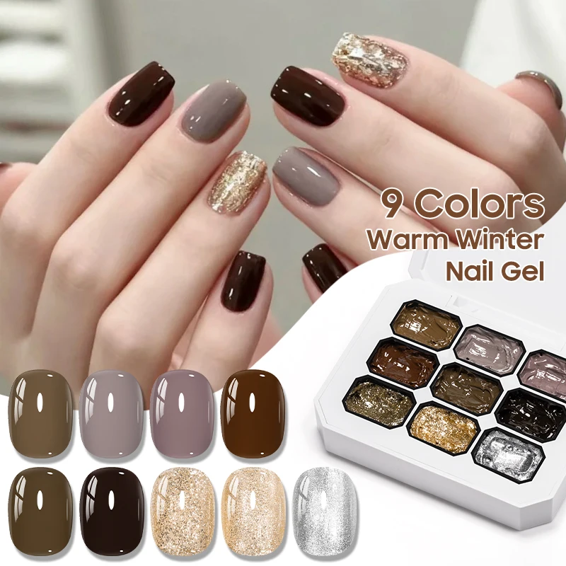 9 colori Nove Palace Grid Pat Smalto per unghie Caldo inverno Marrone Oro Argento Colore Colla per unghie Sbavature Colla per unghie ad alta saturazione in scatola