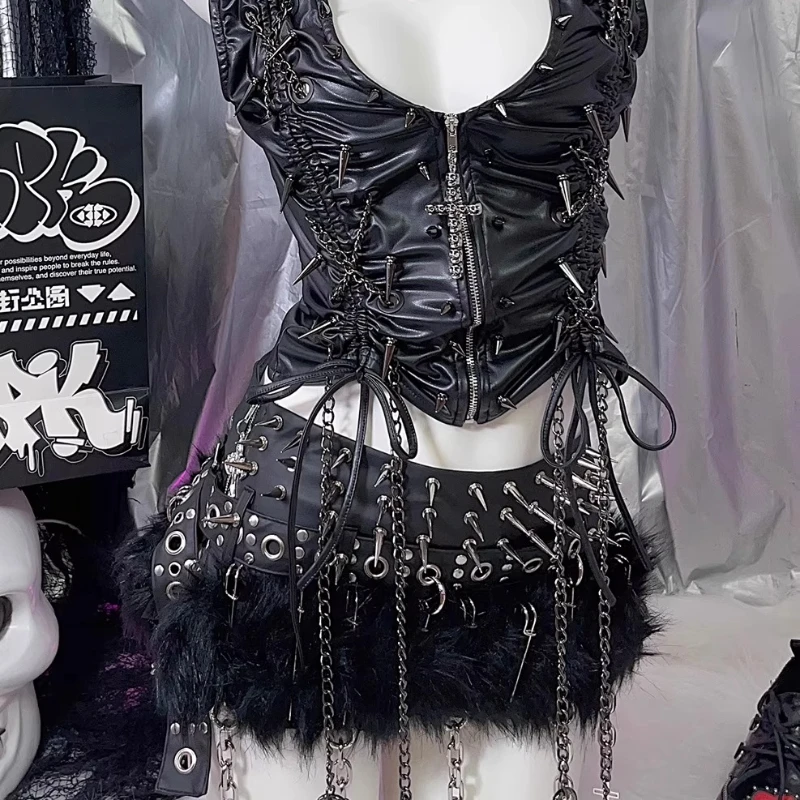 Punk Fashion Diablo Y2K Hot Girls Ladies Mini Skirt Original Design Goth Sweet Cool Chain Pin Hairy Faux Fur Short Skirts Ladies