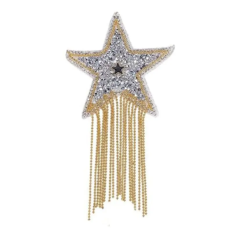 NEW-6Pcs Star Rhinestone Patches With Chain Tassels Five-Pointed Star Ironing Patches Clothes Hat Jeans Bag Dress Pants DIY