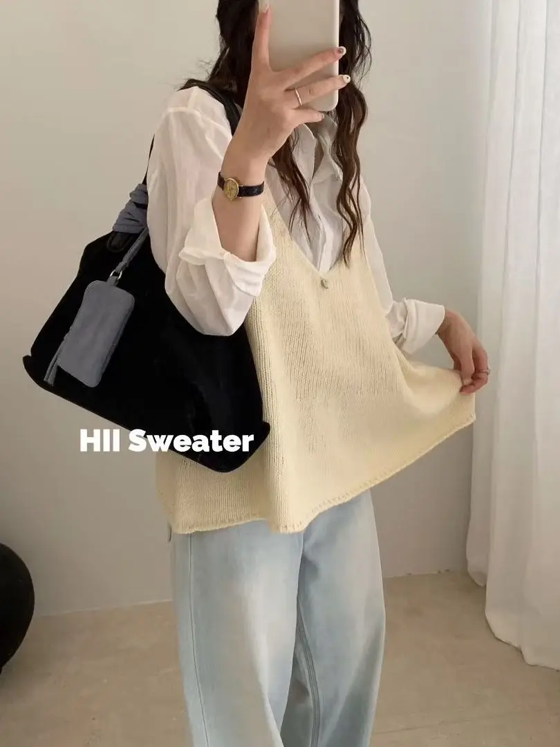 Coreano Faion V-Ne Colete de alça de malha com botão único frontal Ba em dois sentidos regata de lã solta para mulheres