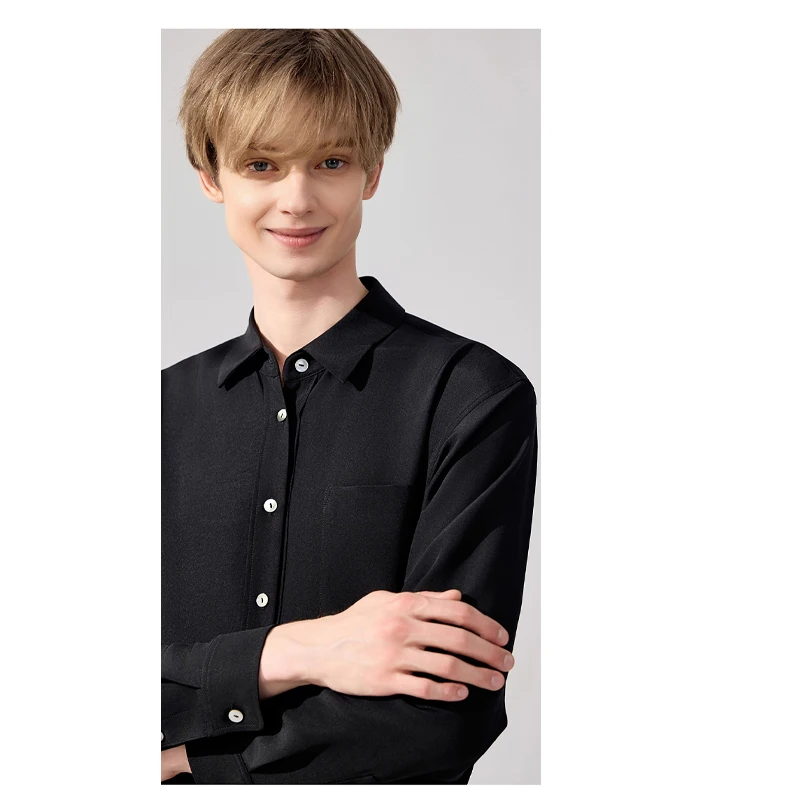 قميص Fengbaoyu للرجال من الحرير الطبيعي بأكمام طويلة وياقة أنيقة وعصرية مناسبة للربيع والصيف، كاجوال مريح ورائع