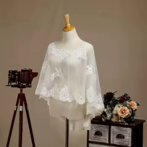 Ivory Lace Bridal shawl Lady Summer Fall shrug Wedding dress crystal Cape Party Evening Jacket wrap
