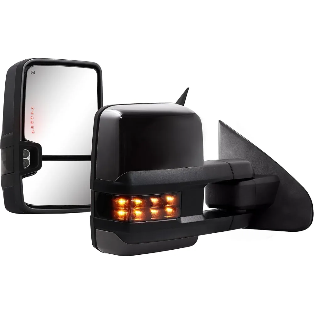 Towing Mirrors for Power Glass LED Arrow Turn Signal Light Backup Lamp Running Light Heated Extendable Pair Set (Black Painted)