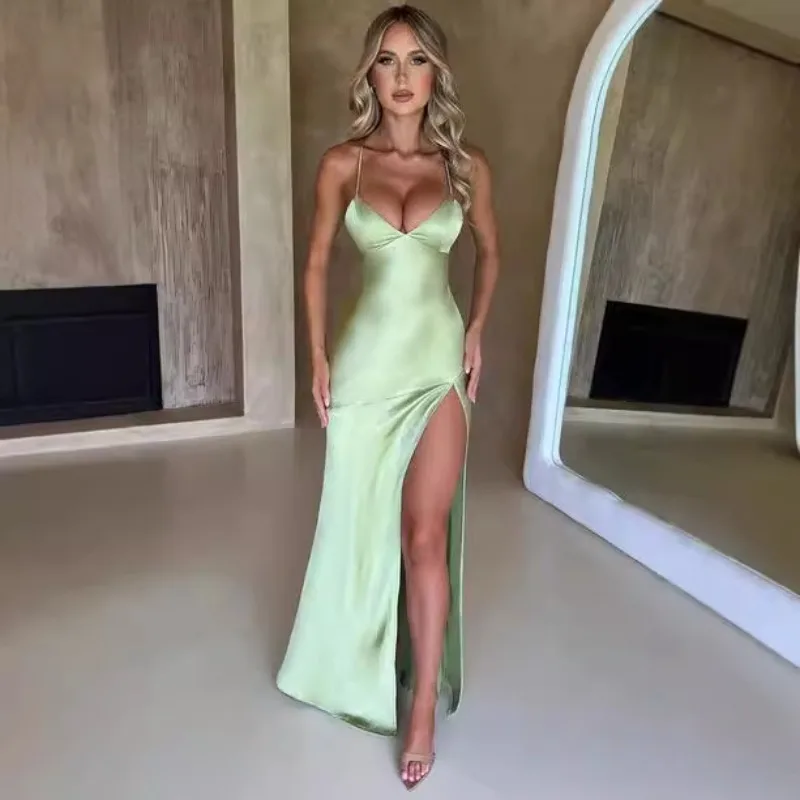 Abiti estivi in tinta unita per Woimen Abito da festa sexy con scollo a V Abito da sera lungo con spacco senza schienale in raso Abiti estivi da donna