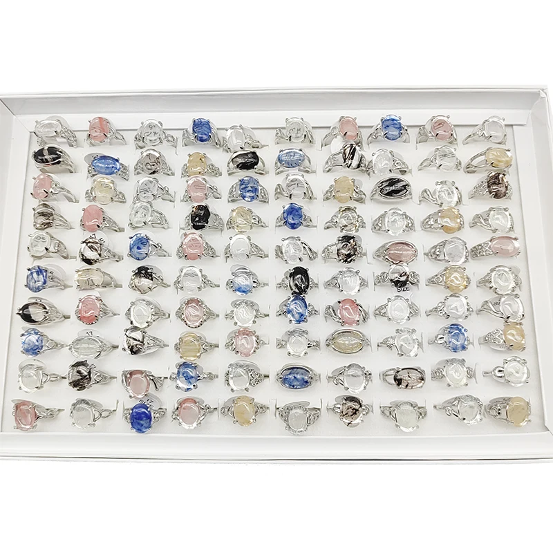 20/50pcs/Lot Wholesale Natural Crystal Stone Finger Rings for Wemen Oval Clear White Pink Blue Black Yellow Stones Jewelry Party